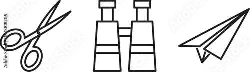 Simple Line Art Illustration Featuring Scissors Binoculars and a Paper Airplane