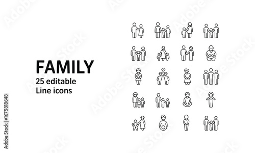 Collection of 25 editable line icons representing diverse family concepts and generations symbolizing unity white background