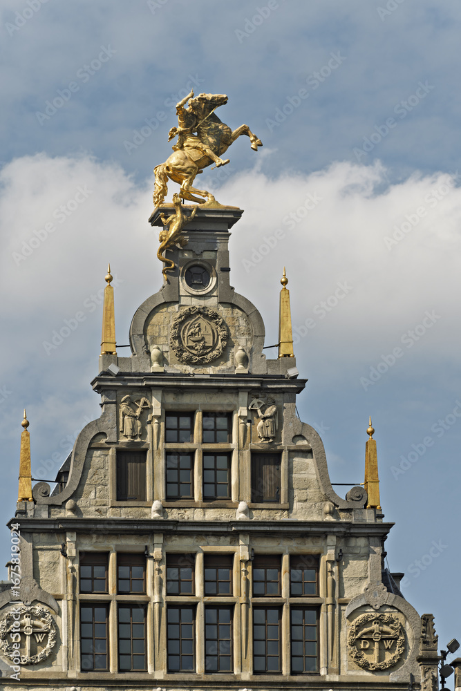 Fototapeta premium Guildhalls with gold statue on the roof on The Grote Markt, the Big Market on the central square of Antwerp, Belgium