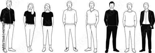 Illustration of diverse business people in casual and formal attire standing, isolated on white background, team, professional group