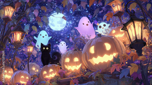 Illustration kawaii et envoûtante d’Halloween avec citrouilles lumineuses, fantômes amicaux et chat noir