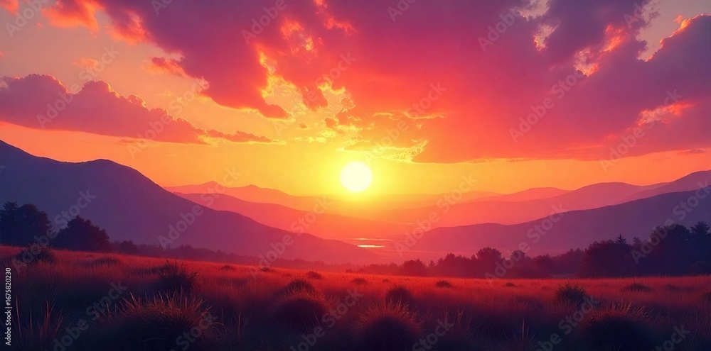 Obraz premium A vibrant sunrise paints the eastern sky with fiery oranges and soft pinks, casting a warm glow over a tranquil landscape Perfect for travel, nature, or inspirational projects , sky, sea