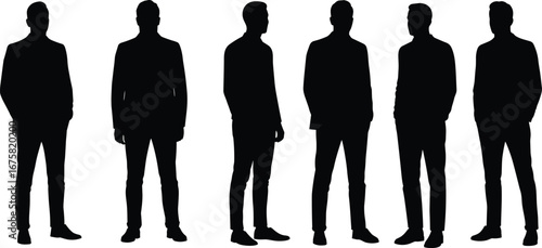 Silhouettes of five business professionals in formal attire, diverse positions, standing, isolated on white background, teamwork concept