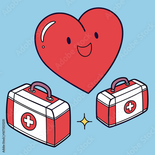 Cheerful cartoon heart smiles above first aid kits on a light blue backdrop