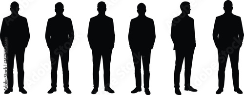 Silhouettes of five business professionals in formal attire, diverse positions, standing, isolated on white background, teamwork concept