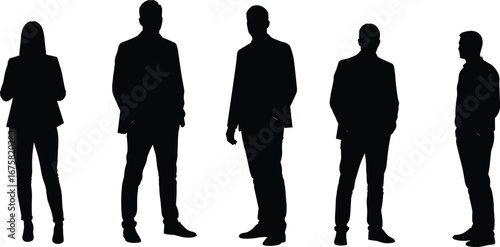 Silhouettes of five business professionals in formal attire, diverse positions, standing, isolated on white background, teamwork concept