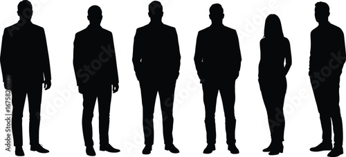 Silhouettes of five business professionals in formal attire, diverse positions, standing, isolated on white background, teamwork concept