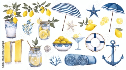 Summer vacation watercolor illustration set, vector hand drawn Italian coast sea print, beach lounge. Yellow lemonade citrus bottle, seafood picnic oyster, swimming suit, boat, shell. Summer vacation