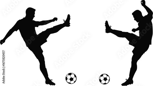 Silhouettes of two soccer players practicing freestyle ball control, skill moves, and football tricks on a white background