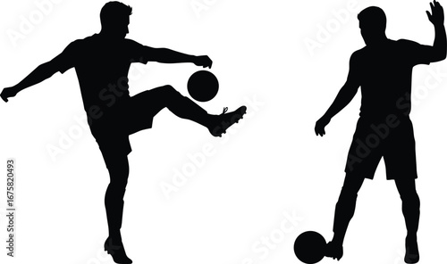 Silhouettes of two soccer players practicing freestyle ball control, skill moves, and football tricks on a white background
