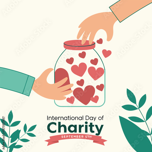 Hands place and hold a jar filled with pink hearts for charity