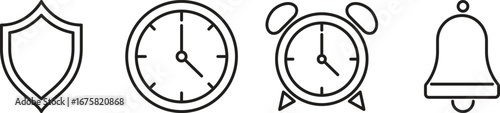 Line Icons of Security Shield Clock Alarm Clock and Bell