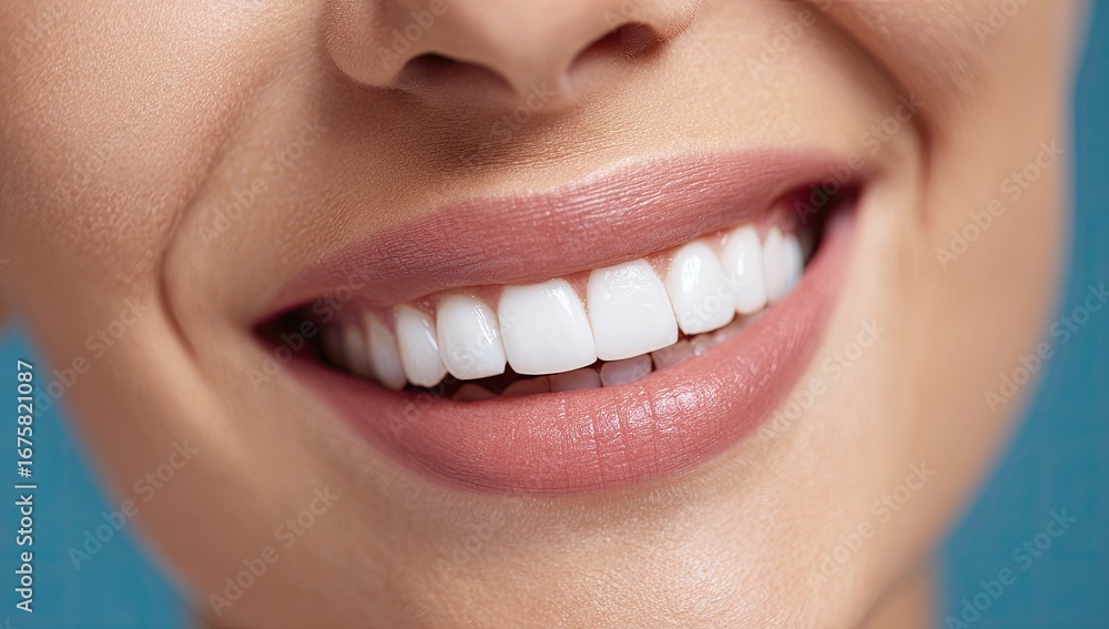 Fototapeta premium Close-up of a woman's mouth with a wide, healthy smile, showcasing perfectly white teeth and a soft, pink lip color