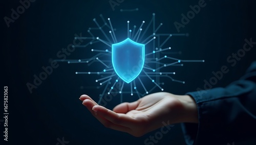 Digital Protection A Womans Hand Holds a Glowing Shield Symbolizing Cybersecurity and Data Privacy with Network Connections Representing Technology