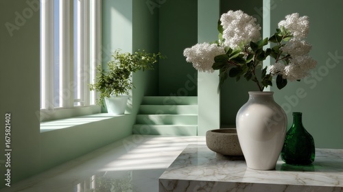Minimalist green interior with sunlight and floral decor in modern home.