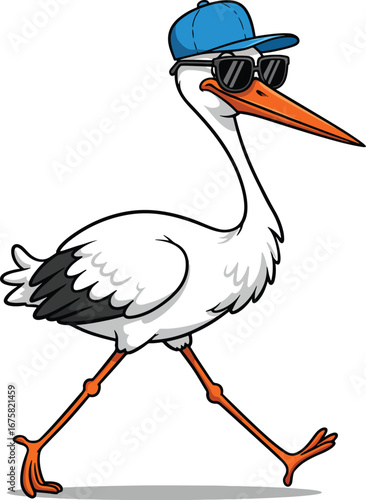 A cartoon stork wearing a blue cap and sunglasses walking on a white background illustration style