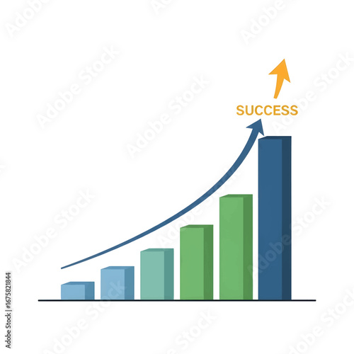 Bar graph showing increasing success, with blue and green columns, a blue arrow, and the word "SUCCESS" in yellow.