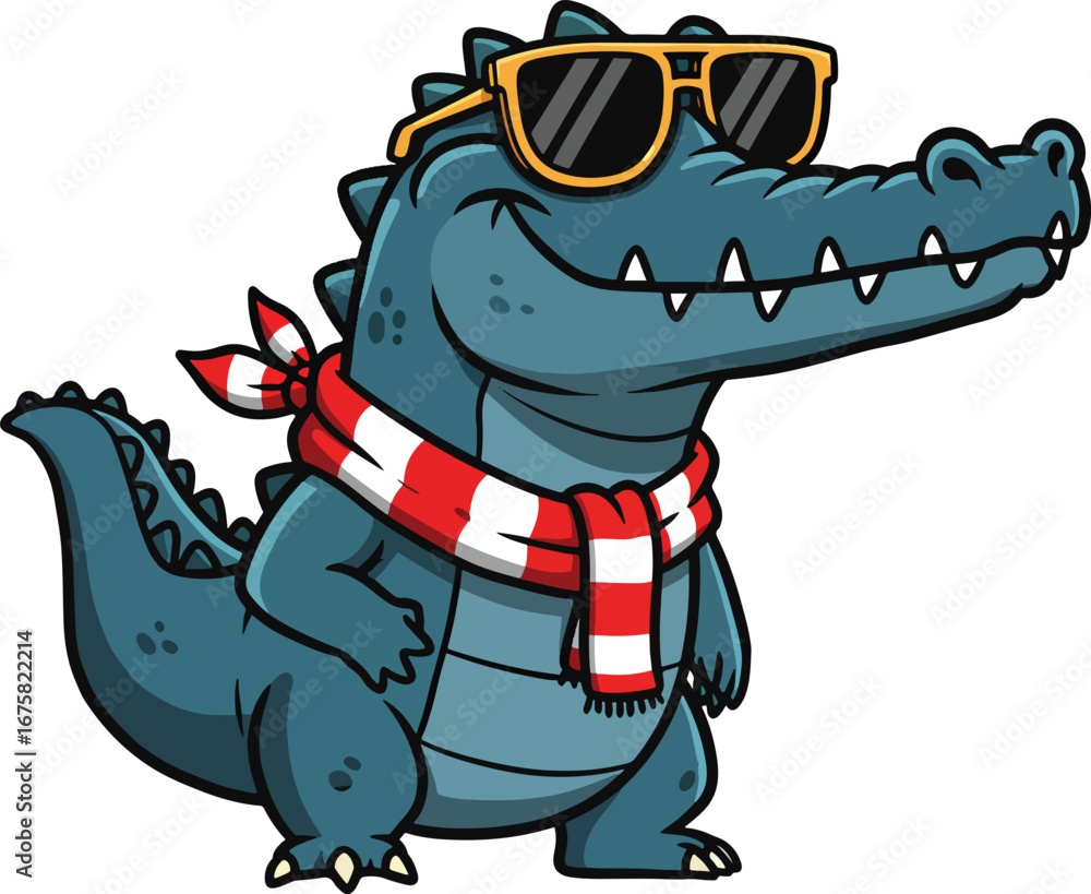 Fototapeta premium A cartoon alligator wearing sunglasses and a scarf standing on a white background with a smile