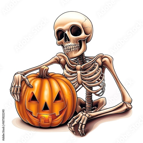 Human skeleton leaning on carved pumpkin isolated on white background