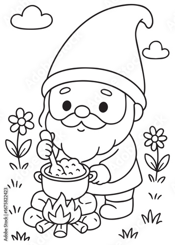 Coloring book gnome cooking soup in a pot over fire outdoors.