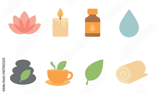 Serene spa elements: candle, oil, leaf, stone, essential, meditation