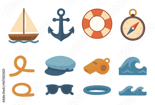 Nautical icons collection: sailboat, anchor, lifebuoy, compass, rope, captain hat, whistle, ocean waves