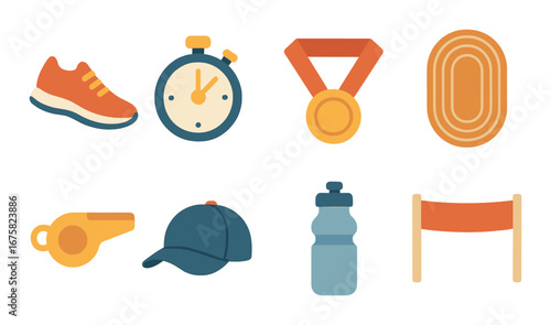 Sports icons: running, stopwatch, medal, track, whistle, cap, water bottle, hurdle