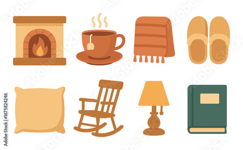 Cozy home icons: fireplace, tea, blanket, slippers, pillow, rocking chair, lamp, book