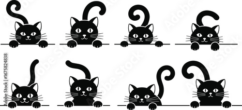 Black cat silhouettes peeking over line, playful vector illustration with unique tail shapes, curious feline expressions, minimal design artwork