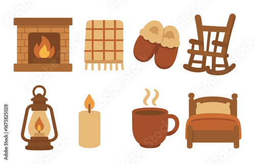 Cozy home icons with fireplace, slippers, blanket, candle, hot drink, and bed