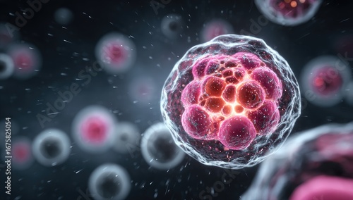 Microscopic cells; vibrant pink cell center;  surrounded by smaller cells;  dark background;  scientific illustration