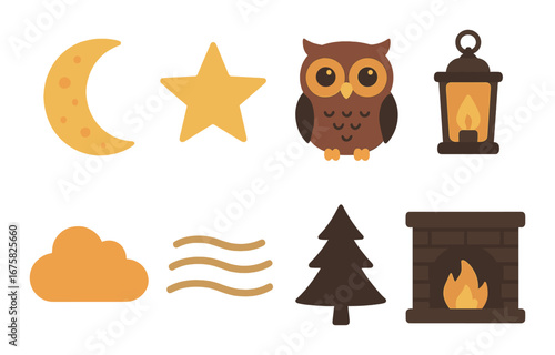 Cozy autumn icons featuring owl lantern moon fireplace and nature elements