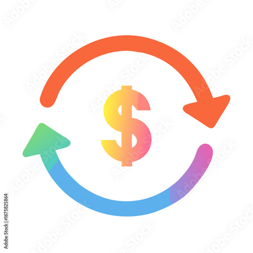 Colorful Dollar Sign with Circular Arrows - Modern gradient icon featuring a dollar symbol surrounded by circular arrows, representing money flow, financial exchange, cash transfer, and transactions.
