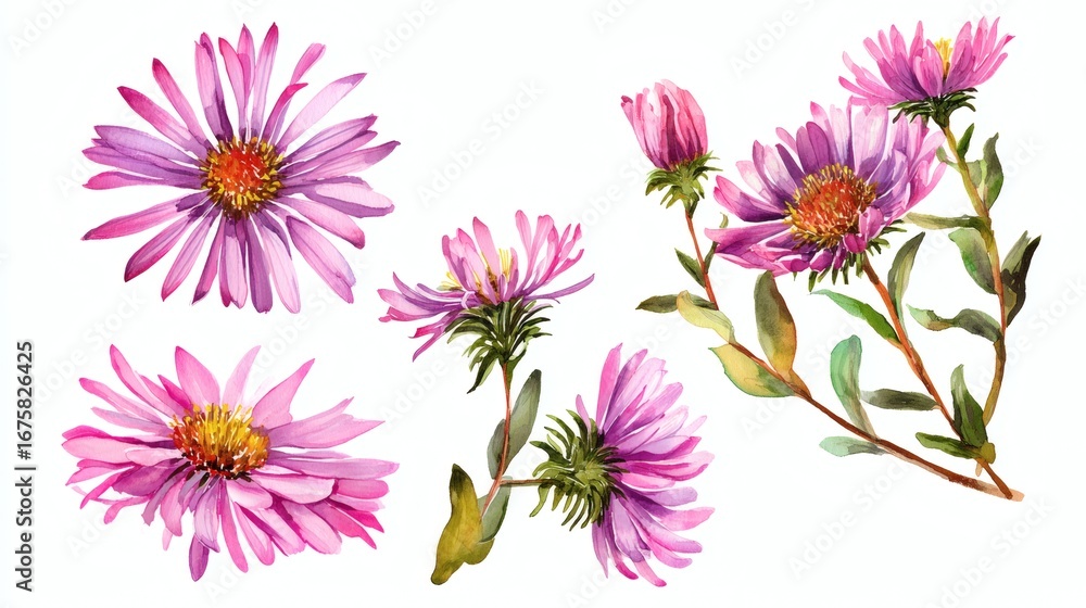 Obraz premium Abstract watercolor collection of alpine aster flowers, hand-drawn illustrations with a focus on botanical beauty and elegance on white background