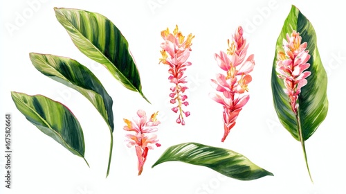 Abstract watercolor collection of alpinia flowers, hand-drawn illustrations with a focus on botanical beauty and elegance on white background