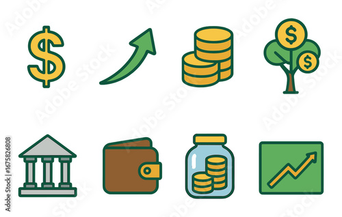 Finance icons set: growth arrow, coins, bank, wallet, investment opportunities