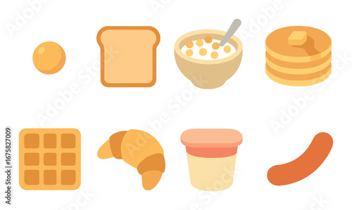 Glowing breakfast icons: eggs, toast, cereal, pancakes, waffles, croissant, yogurt, sausage