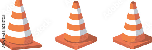 Vector illustration collection of orange safety pylons. Isolated graphic design elements for traffic control, road work, and under construction themes