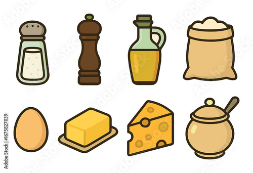 Cartoon style kitchen ingredients including salt, pepper, oil, flour, egg, butter, cheese, and honey jar