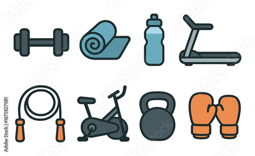 Fitness equipment icons: dumbbell, mat, water bottle, treadmill, jump rope, bike, kettlebell, gloves
