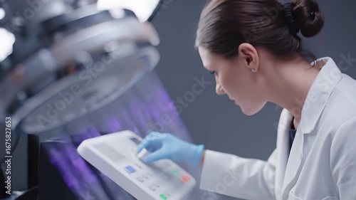 a nanofiber spinneret creating a shimmering biomaterial scaffold while a bioengineer fine-tunes a dial, strands catching light