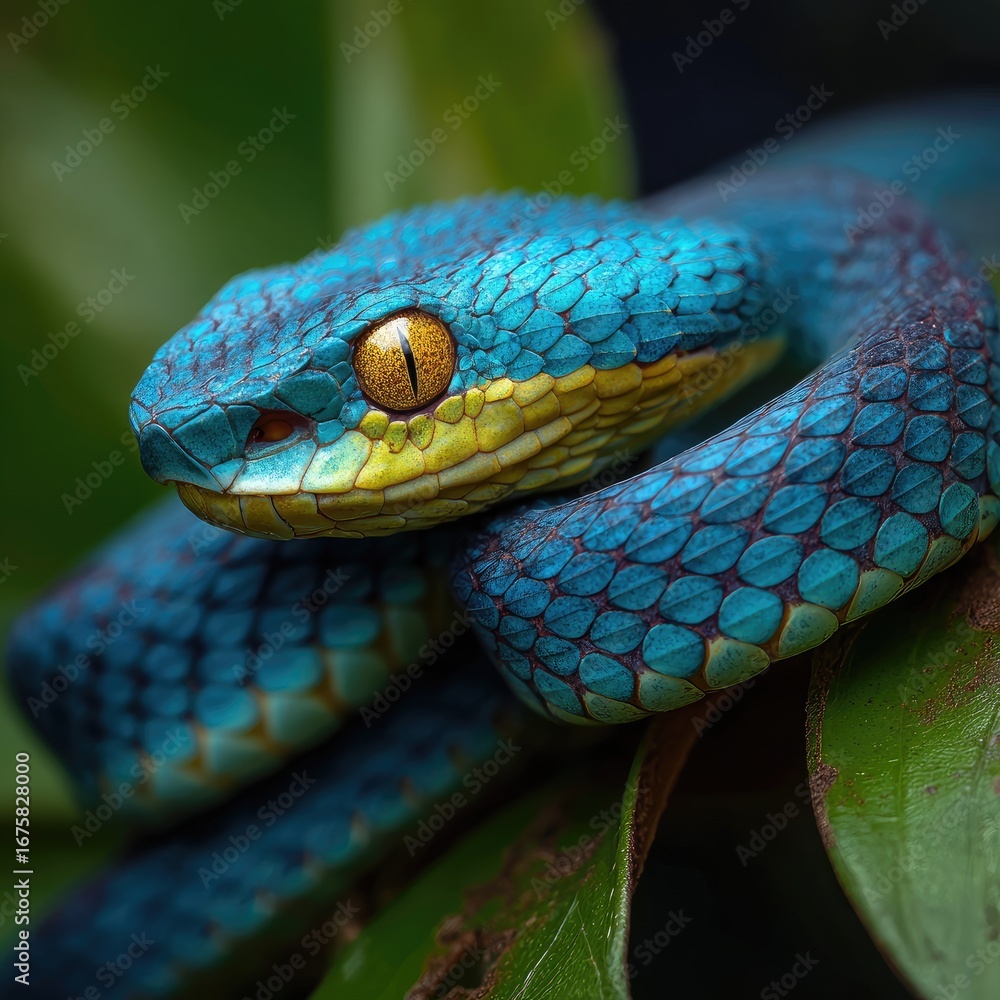 Fototapeta premium Close-up of a vibrant blue venomous pit viper