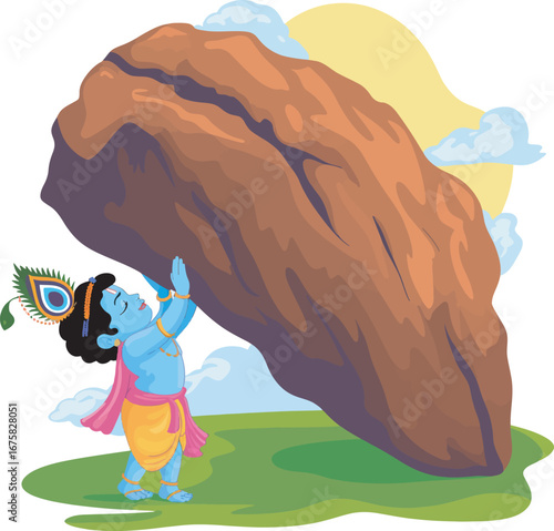 Krishna Lifting Govardhan Hill Illustration Depicting Hindu Mythology and Divine Power