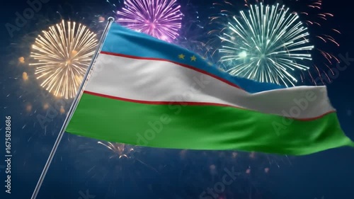 National flag of the country waving proudly amidst vibrant fireworks display.