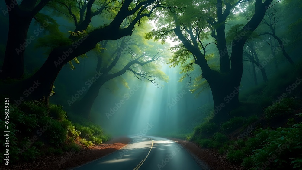 Obraz premium Mystical Forest Road with Sun Rays Breaking Through Canopy A Serene Journey Through Natures Embrace