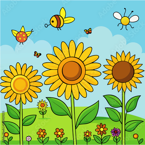 Vibrant sunflower field illustration with buzzing bees and butterflies under a sunny sky