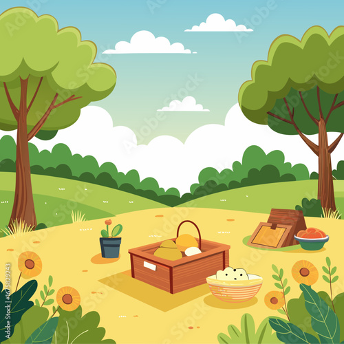 Charming summer picnic scene with trees lush greenery and a basket full of food