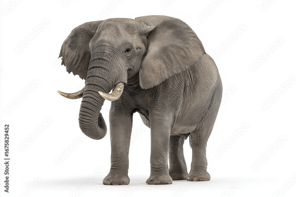 Obraz premium Majestic elephant stands on white background, showcasing its large ears and tusks. detailed texture of its skin is visible, highlighting animal grandeur and strength
