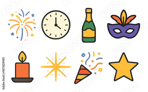 Festive new year icons featuring fireworks, clock, champagne, candle, mask, star, and party favor
