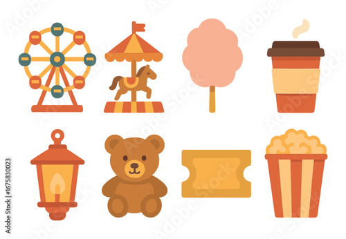 Carnival fun: ferris wheel, carousel, cotton candy, coffee, lantern, teddy bear, ticket, popcorn